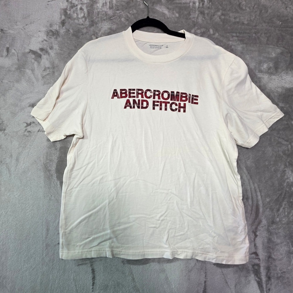 Abercrombie & Fitch Mens Cream Plaid Logo Staff Graphic Tee Shirt Small